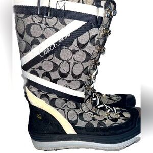 COACH Marian Lace Up Monogram Logo Insulated Mid Calf Boot Size 10 Black Cream